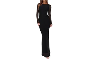 REORIA Women's Fall Mesh Sheer Long Sleeve Wedding Guest Dress Sexy Floral Bodycon Maxi Long Dresses