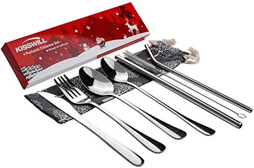 KISSWILL Portable Silverware Set, 8 Pieces Travel Utensil set with Case for Traveling Picnic Camping or Working, Dishwasher Safe (Grey-M)