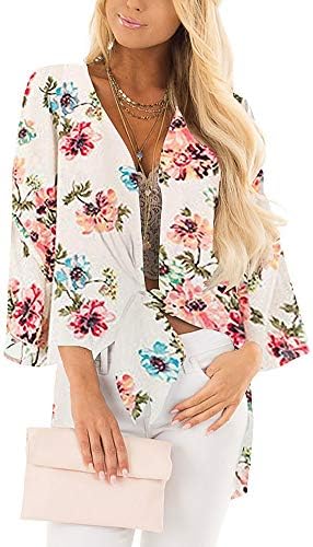 INFITTY Womens Loose Floral Print Kimono Cardigan Half Sleeve Chiffon Open Front Cover Up Blouse