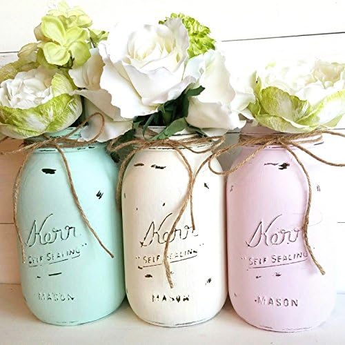 Set of THREE Hand Painted and Distressed Mason Jars, Aqua, Ivory and Pink Painted Mason Jars, Flower Vase, Storage Jar, Wedding Centerpiece, Home Decor