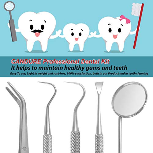 Candure Dental Tools Kit 5 Pcs Oral Care Dental Pick Hygiene Set with Tooth Tarter Scraper Plaque Remover Dentist Mirror and Scaler Stainless Steel - Thumbnail 5
