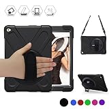 BRAECN iPad Air 2 Case[Hybrid Shockproof Case] Rugged Triple-Layer Shock-Resistant Drop Proof Defender Case Cover with Kickstand/a Hand Strap/a Shoulder Strap for Apple iPad Air 2/iPad 6 Case(Black)