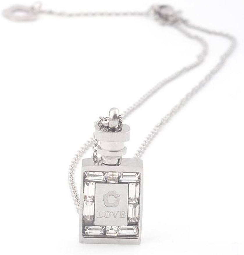 Grenf® Fashion Stainless Steel 18K Rose Gold Silver Plated Love Letter Wishing Bottle Couples Necklace Perfume Bottle Urn Necklace Pendant for Womens