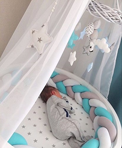 LOAOL Baby Crib Bumper Knotted Braided Plush Nursery Cradle Decor Newborn Gift Pillow Cushion Junior Bed Sleep Bumper (4 Meters, White-Gray-Green)