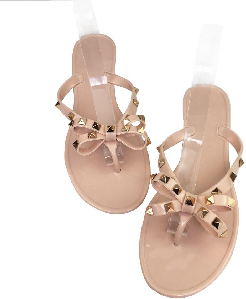 Womens Rivets Bowtie Flip Flops Jelly Thong Sandal Rubber Flat Summer Beach Rain Shoes
