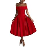 DinDinCAT Women's Off Shoulder Fit and Flare Midi Dress-Sleeveless A Line Corset Club Party Wedding Guest Going Out Dresses