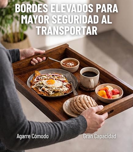 Charola de Servicio de Madera Parota 55x38x7 cm Bandeja Rectangular Grande para Desayuno en Cama Cocina Mesa Decorativa con Asas Integradas Color Nogal para Servir Alimentos Bebidas y Botanas Hogar XL
