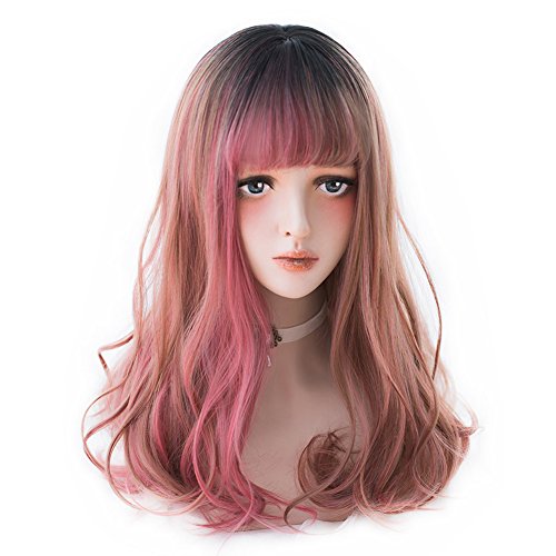 Long Wavy Red Ombre Wig Lolita Bang Wig Highlights With Dark