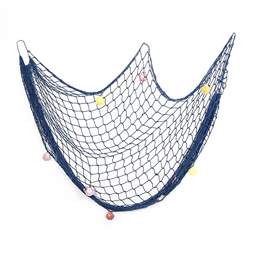 Decorative Fish Net Blue Yagote Mediterranean Style Nautical Decorative Fishing Net with Shells for Home Party Room Decoration 1.5 X 2meter Blue