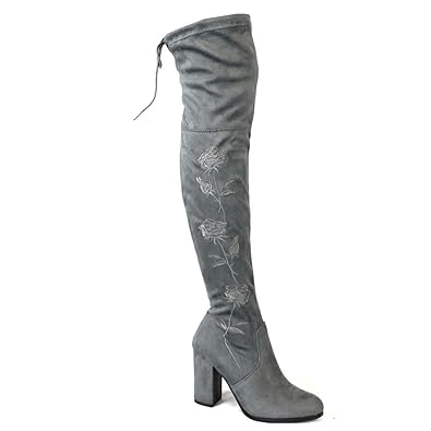 Angkorly - Damen Schuhe Oberschenkel-Boot Stiefel - Flexible - High Heels - Blumen - Sticken - sehr süß Blockabsatz high Heel