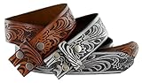 Western Embossed Black Brown Leather Belt Strap w/ Snaps for Interchangeable Buckles