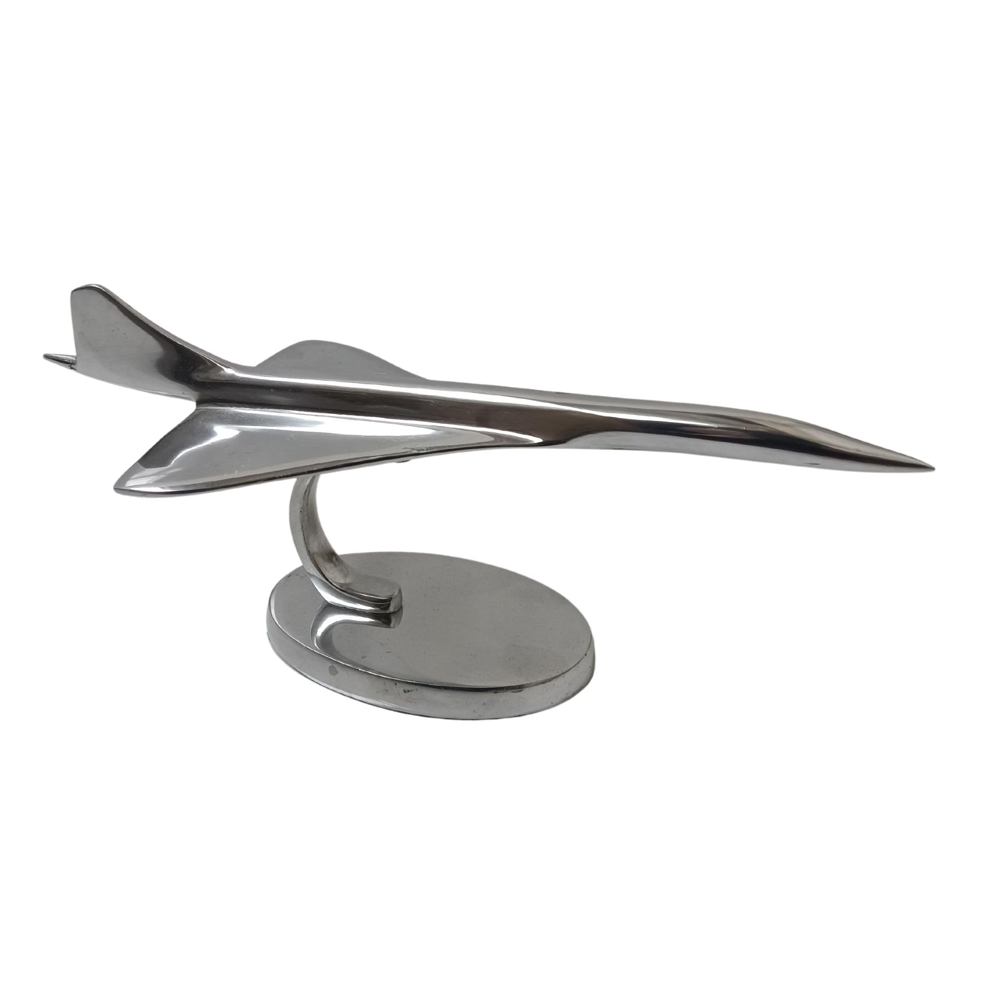 SK Style Concorde Aeroplane Metal Ornament On Display Stand, The Original Supersonic Passenger Aircract With A Hand Polished Silver Finish.