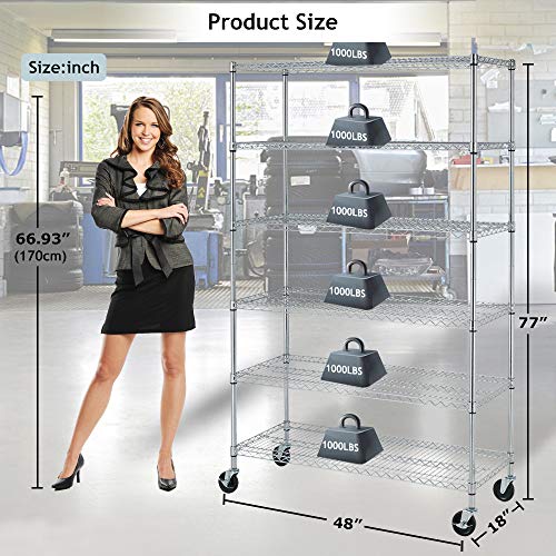 6 Tier Storage Shelves Metal Wire Shelving Unit with Wheels, 6000LBS