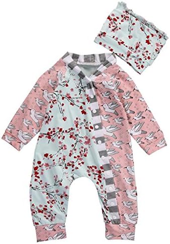Newborn Girls Autumn Long Sleeve Plum Flower Printed Romper Bodysuit 2pcs Outfits Sets 0-6 Months