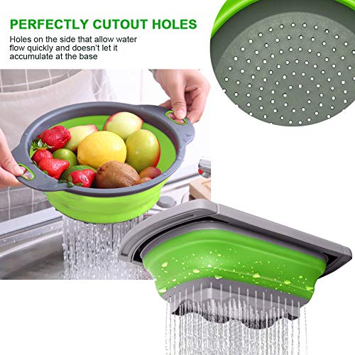 Huanlemai 3-Packs Green Silicone Kitchen Collapsible Colander Set - 6-Quart Square Over The Sink Colander + 4qt Round Veggies/Fruit Basket Strainers and Colanders +2qt Pasta Strainer With Handle