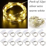 LRCXL Pack of 12 LED Battery Operated Lights 20 Micro Starry LEDs on Silver Wire,2 x CR2032 Batteries Included,6.5 Ft (2m) for DIY Wedding Centerpiece or Table Decorations (Warm White)
