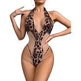 Satohom Women's Leopard Print Halter Bodysuit Backless Sleeveless V Neck Leotard Going Out Tops Body Suits Club Outfit