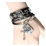 Lefinis Halloween Punk Antique Skull Stars Cross PU Leather Bracelet Unisex