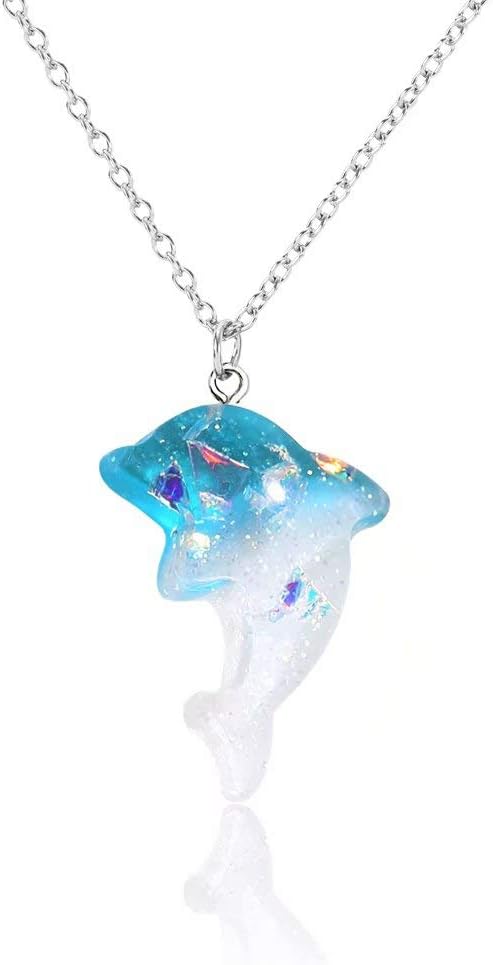 YOUCANDOIT2 Kawaii Necklace for Girls Transparent Resin Gradient color Sequins Dolphin Charm Necklace Gift for Women Teens Girl