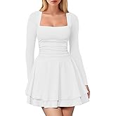 DASELEA Women's Square Neck Long Sleeve Mini Dress, Bodycon Ruffle Hem Short Ruched Waist Party Club Dresses