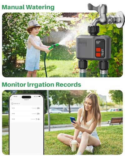 johgee 2 Way WiFi Irrigation Timer with RF 300M Technology, WiFi Irrigation Control, Compatible with Alexa & App, Watering Timer with 2 Modes & Rain Delay for Garden, Lawn