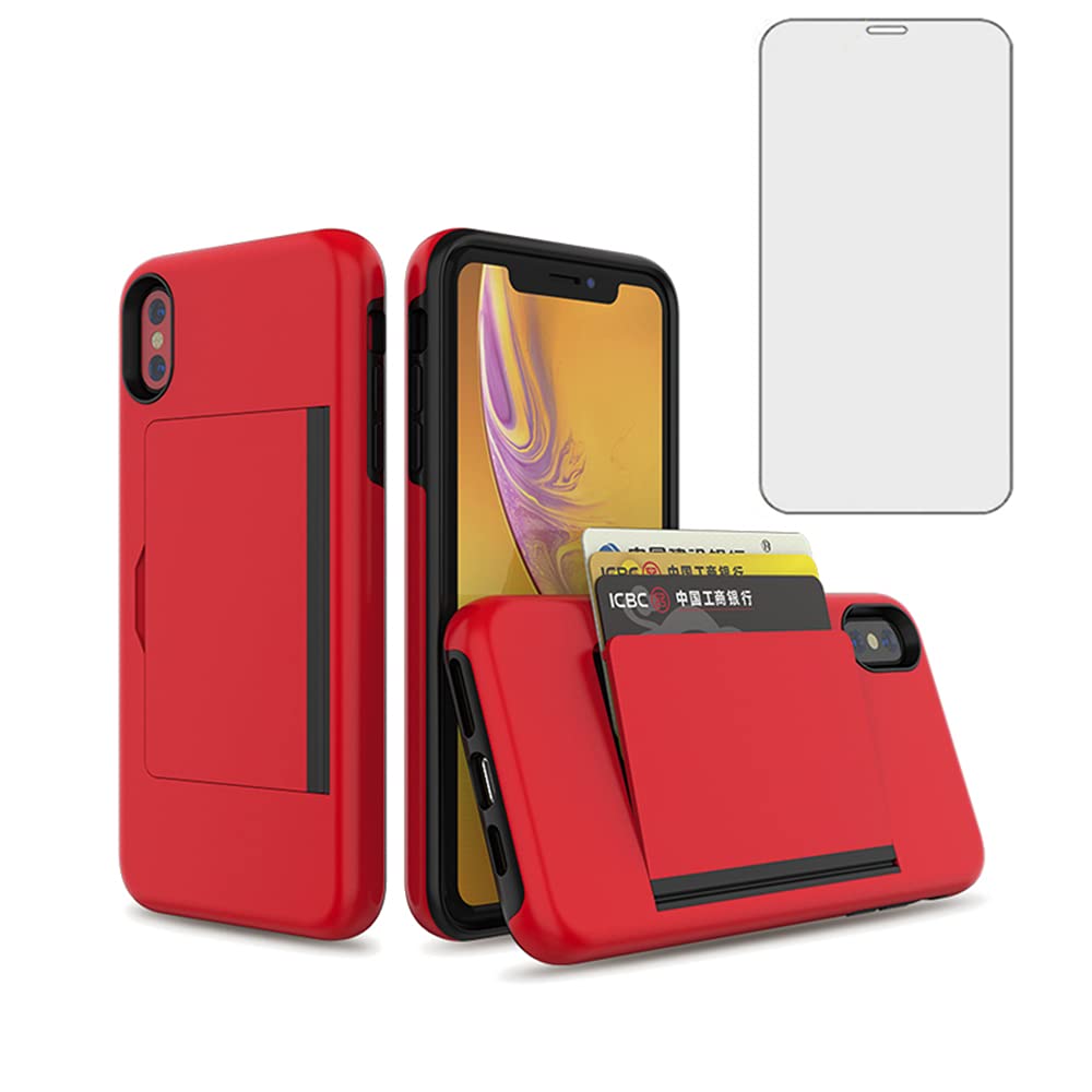 Asuwish Phone Case for iPhone Xs X 10 10s with Tempered Glass Screen Protector Cover and Credit Card Holder Stand Slim Hybrid Cell iPhoneX iPhoneXs iPhone10 i PhoneX SX 10x 10xs X’s Women Men Red