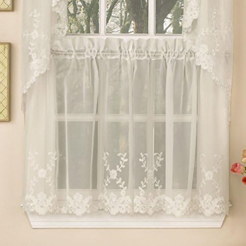 Fancy Laurel Leaf Sheer Voile Embroidered Ivory Kitchen Curtains Tier Valance or Swag