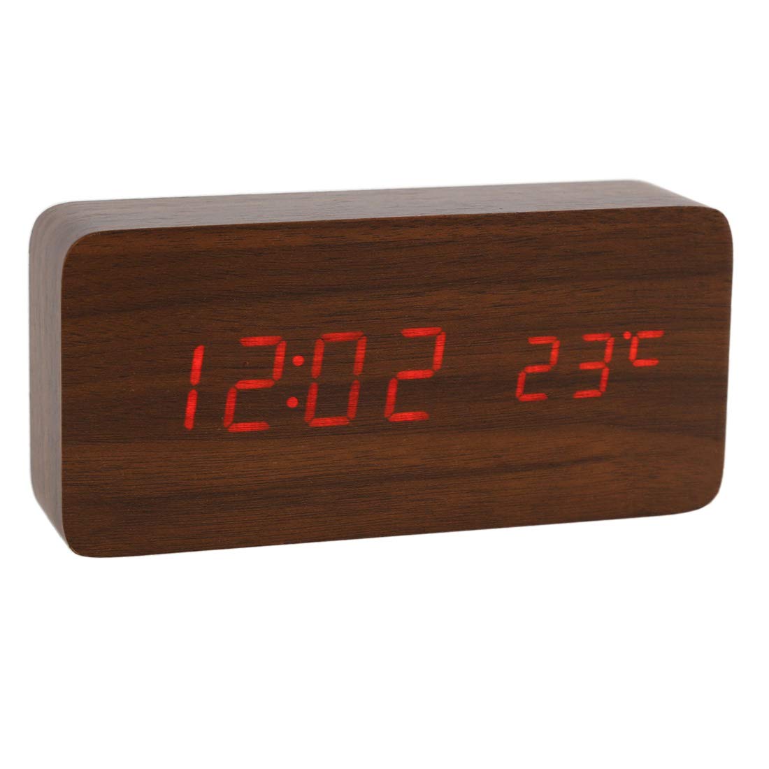 Lancoon Wooden Digital Clock Multi-function LED Alarm Clock with Time/Date/Temperature Display and Voice Control for Home Office Travel AC11Brown_Red