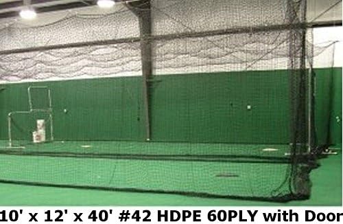 Jones Sports Batting Cage Net 10' H x 12' W x 40' L #42 HDPE (60PLY) with Door Heavy Duty Baseball
