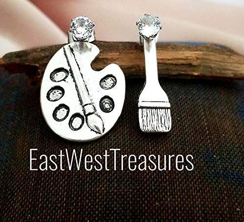 Silver Artist Paint painter brush and palette earring-Paint Brush Jewelry gifts for women teens-Steel