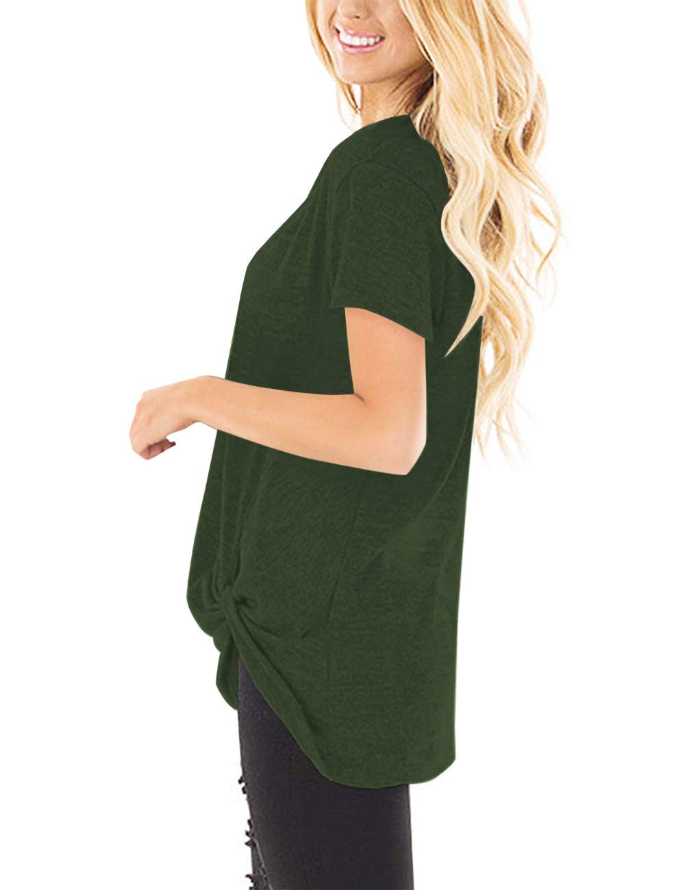 Women\'s Basic Short Sleeve Tops with Knot Front Shirts Blouses (XL, Green)