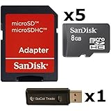 5 PACK - SanDisk 8GB MicroSD HC Memory Card SDSDQAB-008G (Bulk Packaging) LOT OF 5 with SD Adapter and SoCal Trade USB 2.0 MicoSD & SD Memory Card Reader