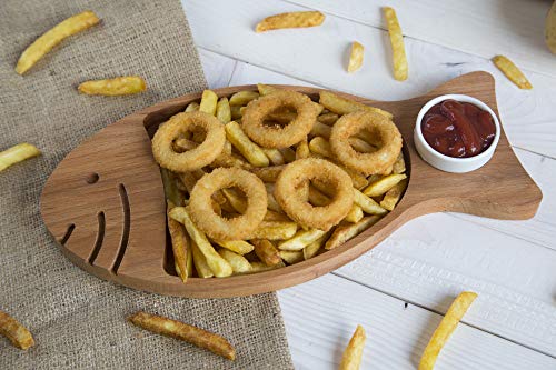 The Mammoth Design Chips and Dip Serving Platter | Serveware with Porcelain Sauce Bowl | Organic Wooden Snack, Appetizer Tray, Dish | Decorative Home, Kitchen Accessory | for Kids, Adults (Fish)