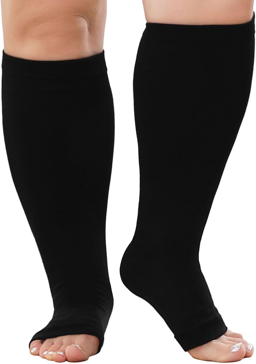 PUTUO Plus Size Compression Socks Wide Calf Open Toe 20-30 mmHg Black XXL