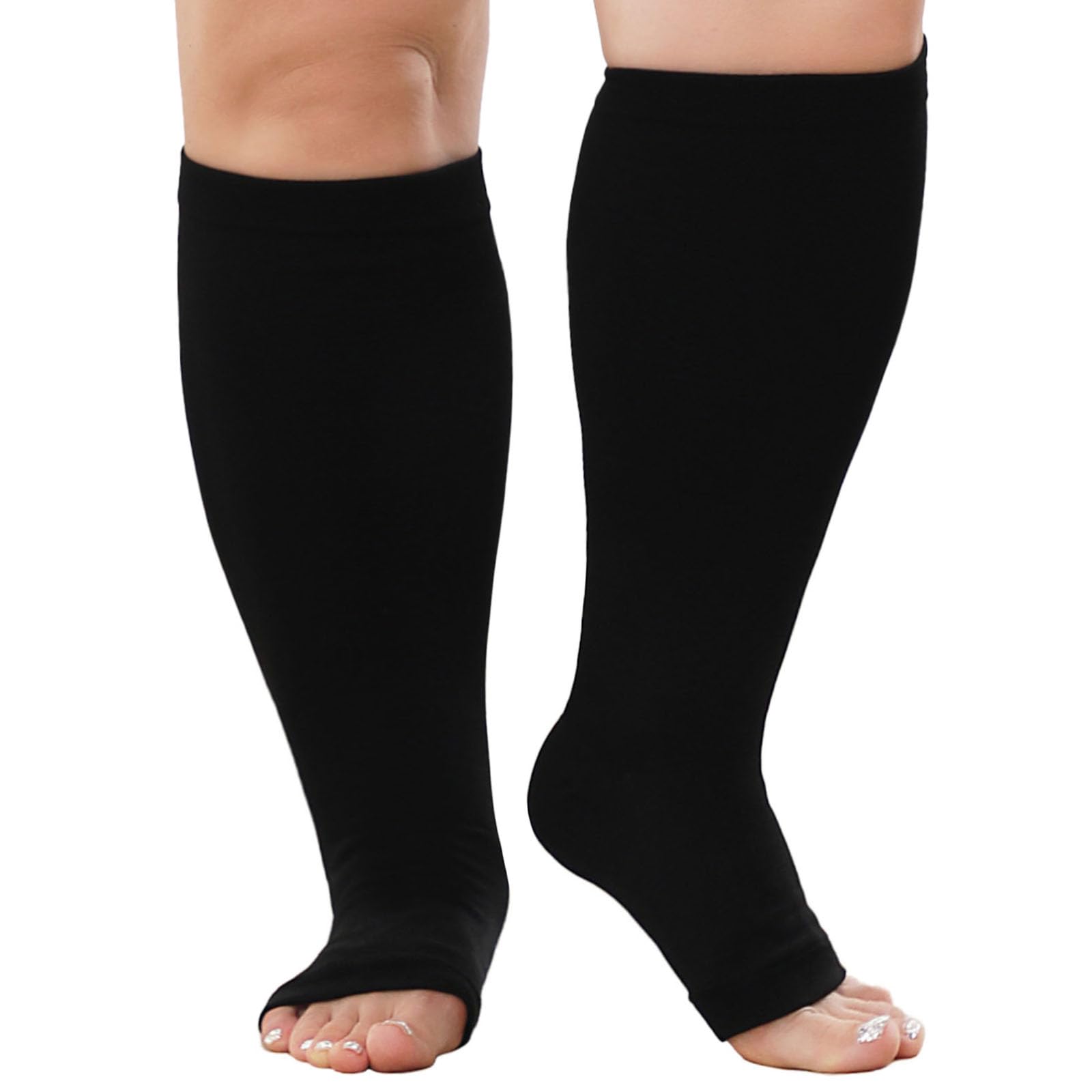 PUTUO Plus Size Compression Socks: Wide Calf Graduated Flight Stockings Men Women Open Toe Extra Large Support Sock for Travel Pregnancy Nurses 20-30 mmHg Black XXL 1Pairs