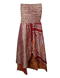 Mogul Womens Beach Sundress Smocked Bodice Strapless Silk Sari Maxi Skirt Dress