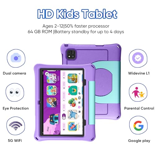 aiprotablet 10 inch Kids Tablet, Android 16 Tablet for Kid, Octa-Core CPU, 24GB RAM, 64GB ROM 1TF Card Expandable for Toddler Children,Tablets with Case, Parental Control, 6000mAh,WiFi, BT5.0 (Purple)