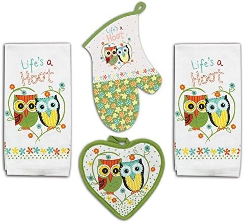 Mizlifely 4 Piece Hoot Owl Kitchen Set - 2 Terry Towels, Oven Mitt, Potholder ,Oven Glove
