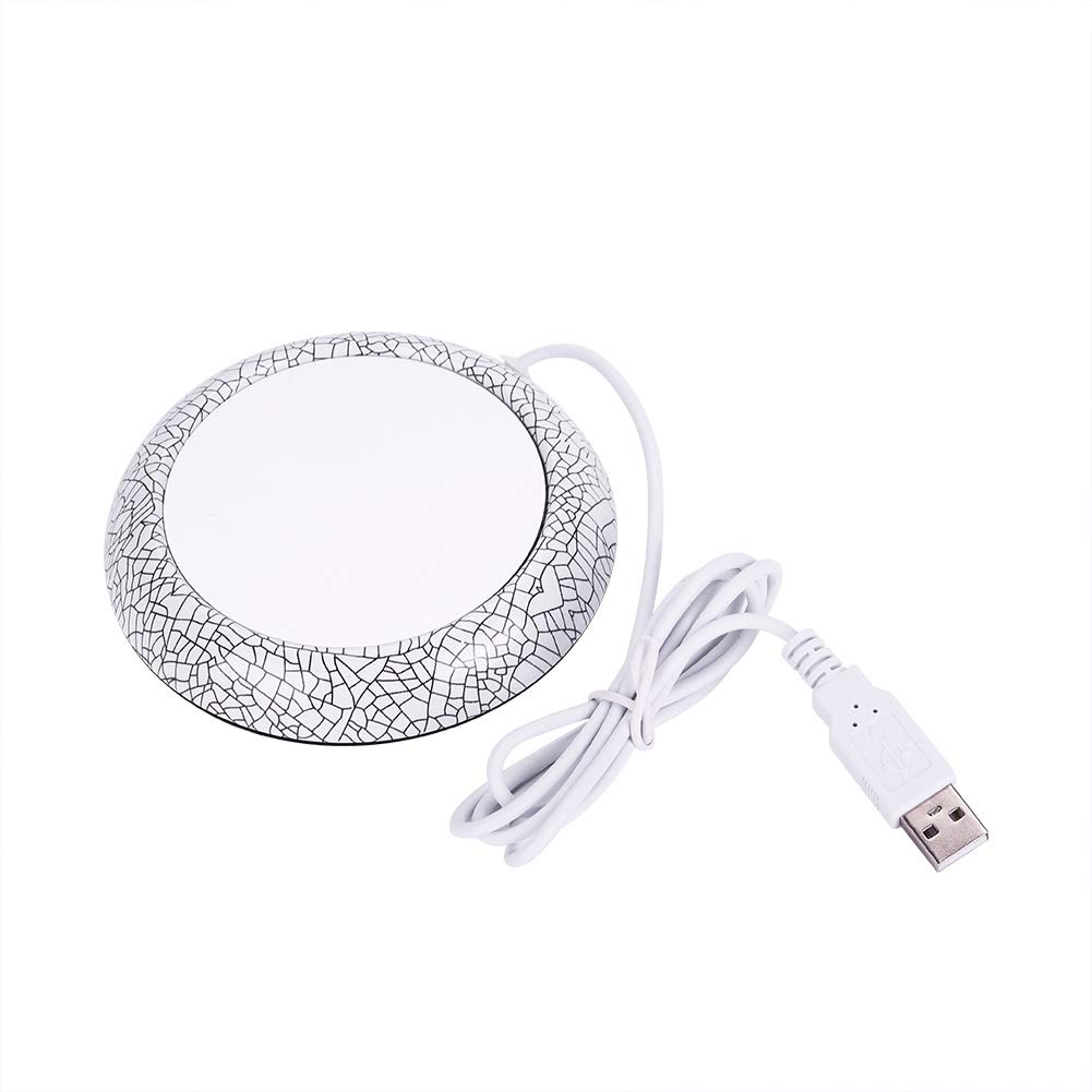 Electric Coffee Cup Tea Warmer Milk Cup Warmer Cushion Hot Plate with Wooden USB Port Mini Metal Cup Mat (White Porcelain Pattern)