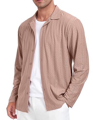 ZAFUL MENS CASUAL FULL BUTTON DOWN SHIRT LONG SLEEVE STYLISH CLASSIC CUBAN COLLAR SHIRTS TOPS (PINK L)
