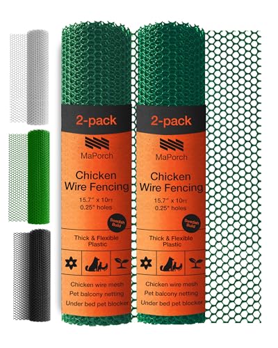 MaPorch Plastic Chicken Wire Mesh Fence - Green Mesh, 15.7 in x 10 ft - Quick-Install Chicken Wire Fencing - Plant Protectors from Animals - Durable Garden Netting - Pet & Poultry Netting (2-Pack) Image