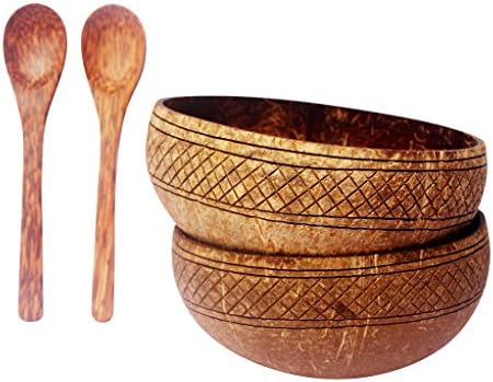 VIBE Natural Hand Carved Coconut Bowls (Set of 2) With 2 Wooden Spoons - Made with LOVE by Artisans I Great Vegan Gift I Perfect for Buddha Smoothie Bowls I Fair Trade (Mai)