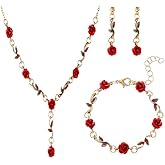 ONLYJUMP 3Pcs Red Rose Jewelry Set for Women Vintage French Flower Pendant Necklace Bracelet Dangle Earrings Alloy Enamel Accessory for Wedding Prom Valentine's Birthday Gifts