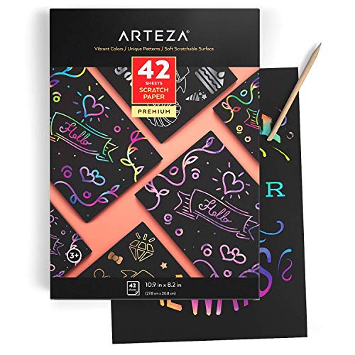 ARTEZA Scratch Paper Set of 42, 10.9x8.2 inch Sheets, Art Set Include: 4 Unique Patterns, 4 Scratchers, 4 Stencils, 4 Post Cards, for Kids, Art & Craft Classrooms and DIY Projects