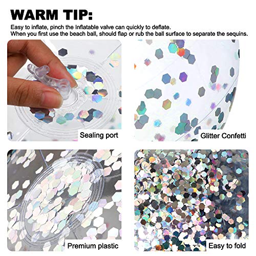 XYH Beach Ball Toy for Beach and Pool, Confetti Sequins Inflatable Beach Ball Glitter, Summer Parties and Gifts (2X16in, 2X24in)