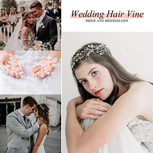 Brishow Bride Wedding Headband Crystal Pearl Beaded Hair Vine Rhinestone Bridal Hair Accessories for Women and Girls (Silver)