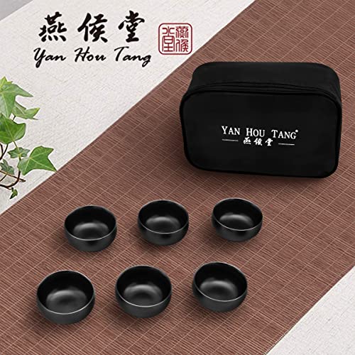 Yan Hou Tang 6 of Ceramic Sake Tea Cups Tiny Small Chinese Traditional Ceremony - 45ml 1.6 Ounces Handcraft Gift Box Pack Steady Premium Black Pottery Asia Japanese Gongfu Style