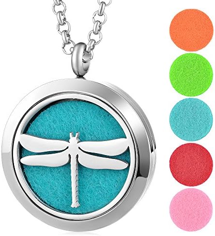Garden Charms Essential Oils Diffuser Necklace Magnetic Locket 316L Stainless Steel Aromatherapy Diffuser Locket Pendant Jewelry with Free Chains and 5pcs Felt Pads Dragonfly Pattern (GCVA707)