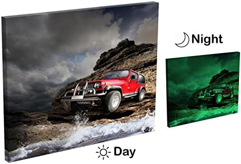 LightFairy Glow in the Dark Canvas Painting - Stretched and Framed Giclee Wall Art Print - Cars Motorcycles Red Jeep Wrangler - Master Bedroom Living Room Decor - 6 Hours Glow - 32 x 32 inch