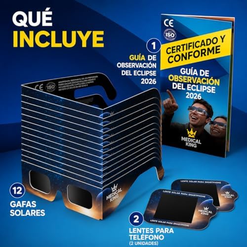 12 Gafas Eclipse Solar Homologadas ISO 12312-2 - Paquete de 6 Con 2 Lentes Fotográficos Para Smartphone Aprobados según la norma ISO, con certificación CE: Gafas para ver eclipses solar 2026